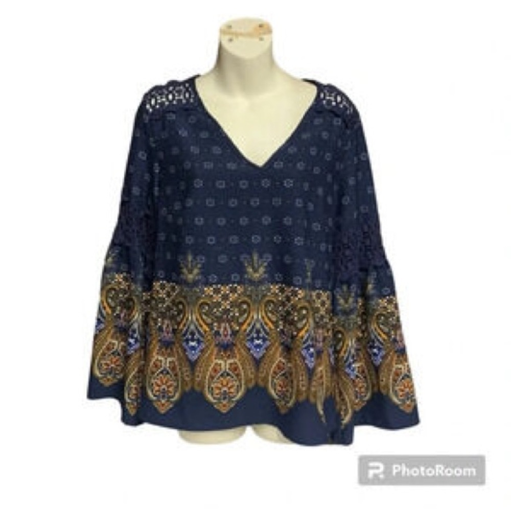 Charlotte Russe Blue and Gold Patterned Blouse Lace Cutouts